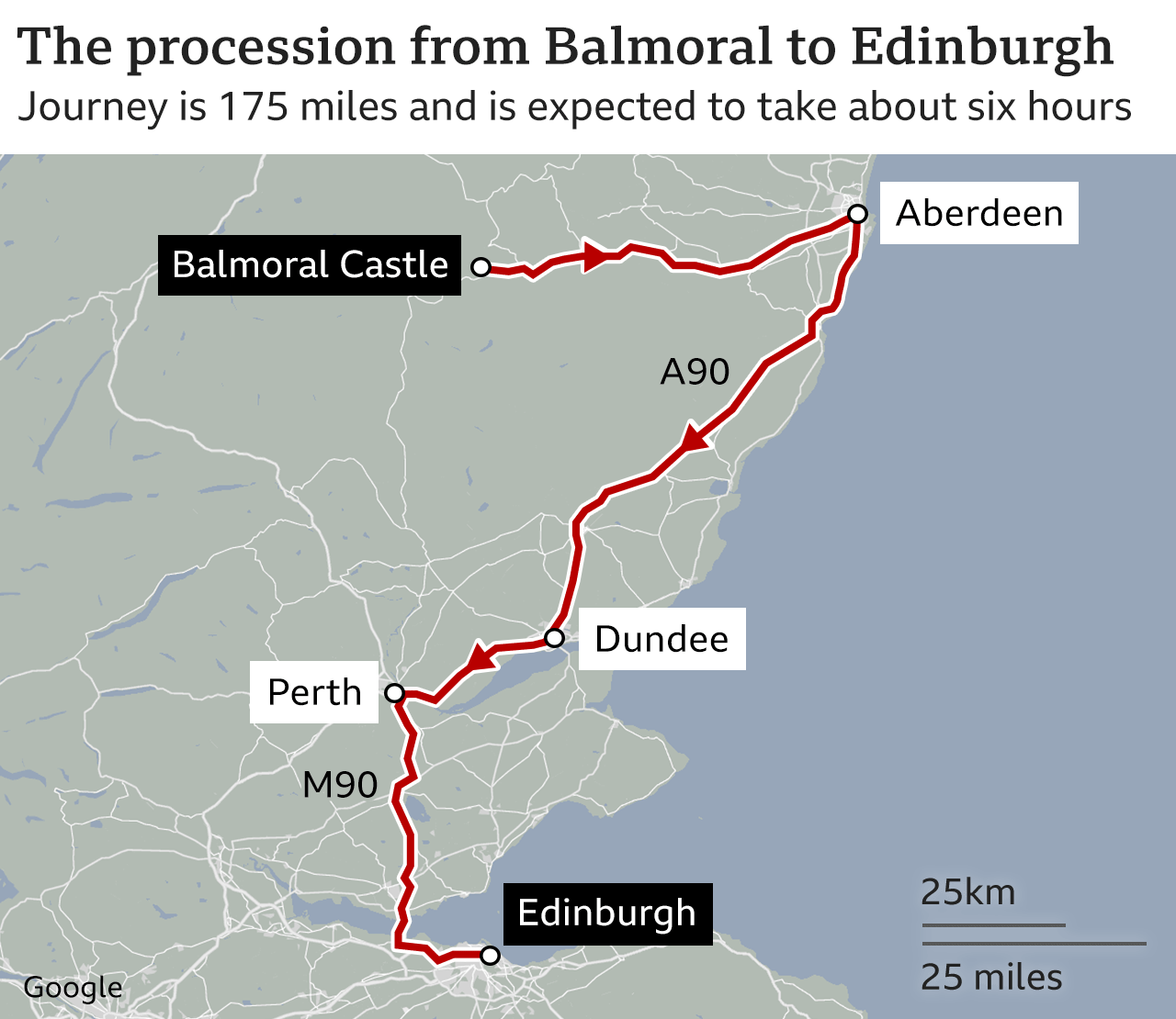 Map showing the route the procession carrying the Queen's coffin will take as it makes its way from Balmoral Castle down to the Palace of Holyroodhouse in Edinburgh