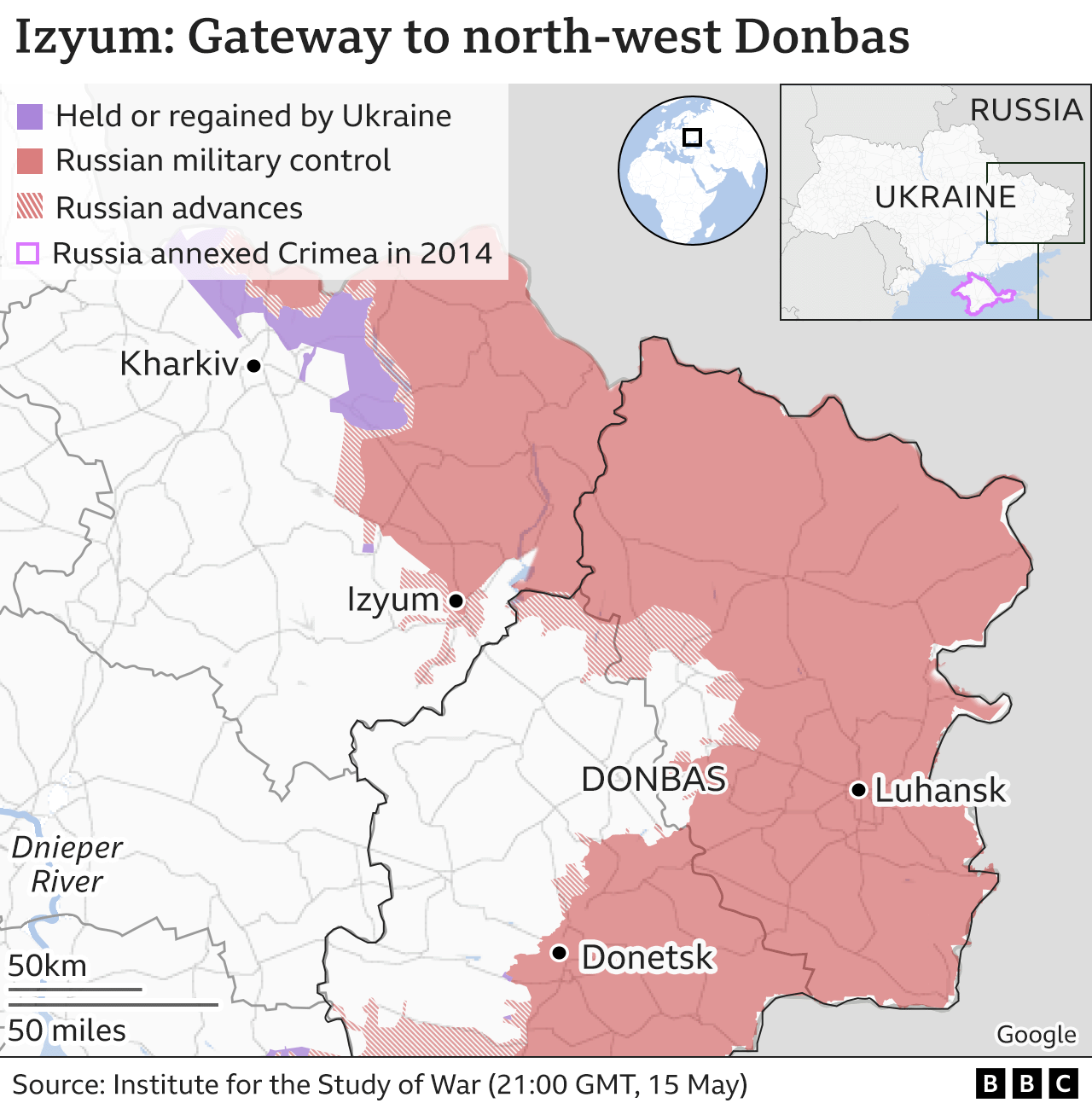 Map showing Izyum and north-west Donbas