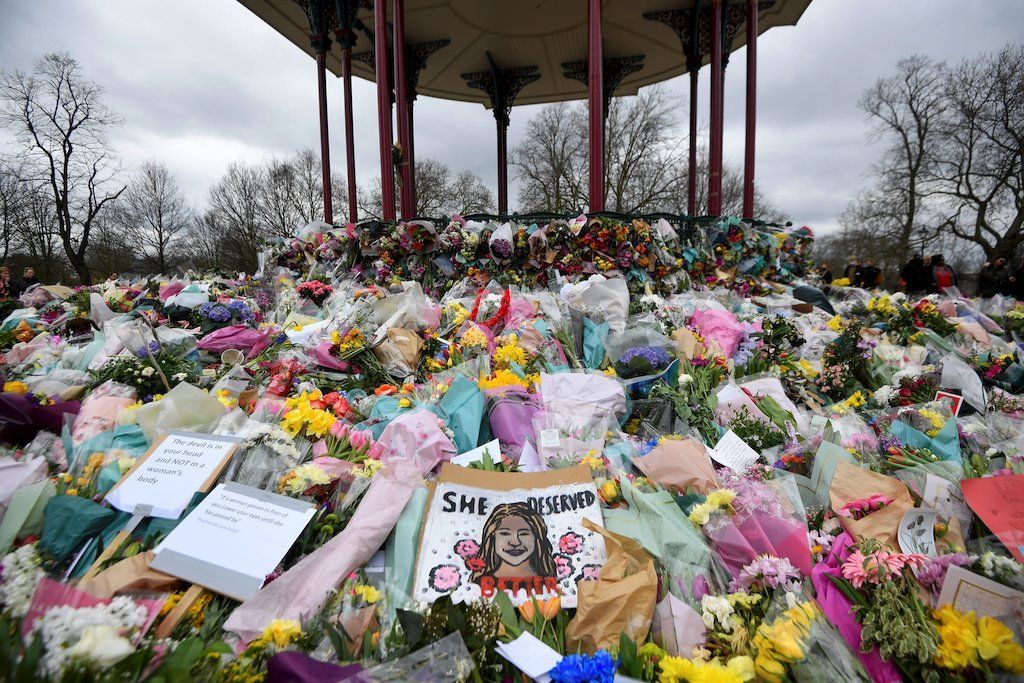Floral tributes and messages at a memorial site at Clapham Common Bandstand, following the kidnap and murder of Sarah Everard, in London, Britain March 16, 2021