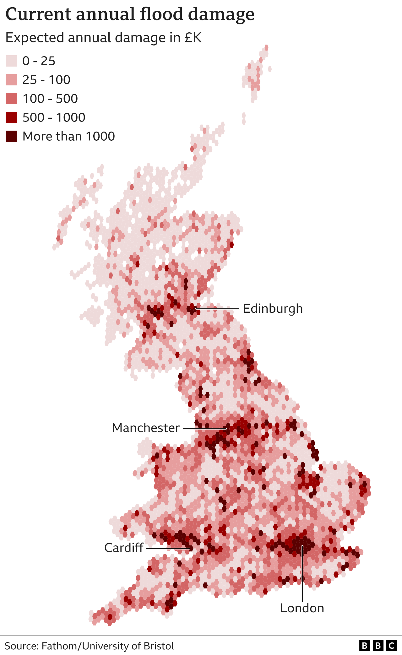 Map of current flood damage in mainland Britain that shows the areas with the highest cost in damages are in London,coastal areas in the east of England, parts of Wales near Cardiff and northern areas of England such as Manchester