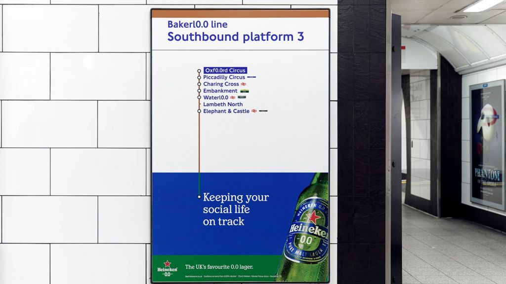 A beakerloo line signwith Heineken branding for the alcohol free product with '0.0' inserted in the the name Bakerloo in place of ''oo'