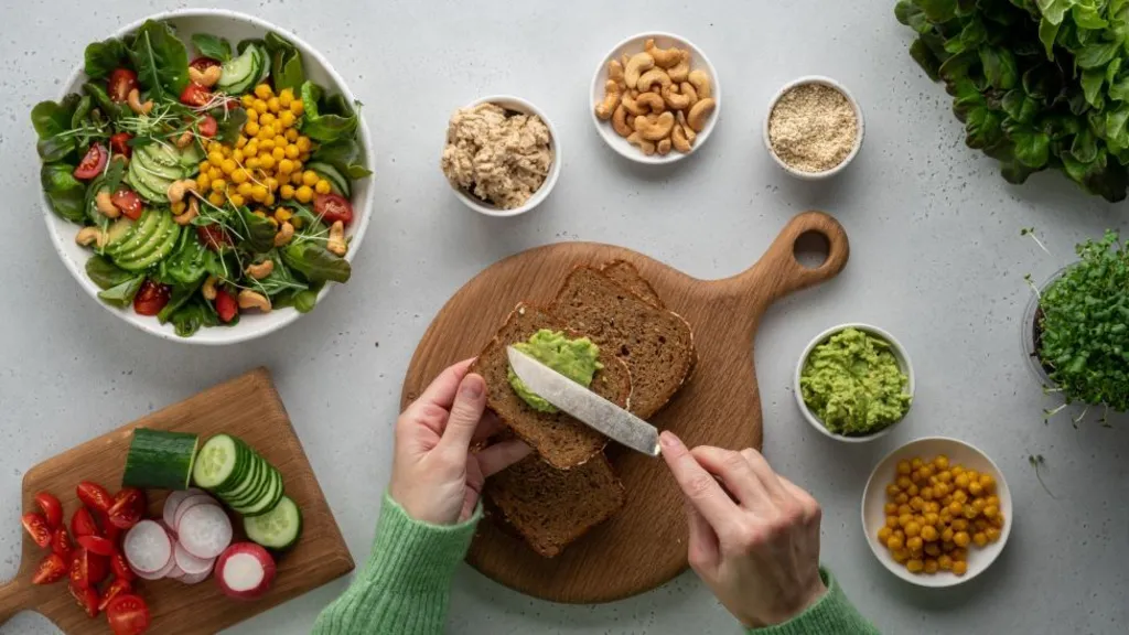 Composite image: One of a hand holding a bowl of porridge topped with seeds, apple and kiwi, the other of a woman with various piercings and a short fringe, smiling