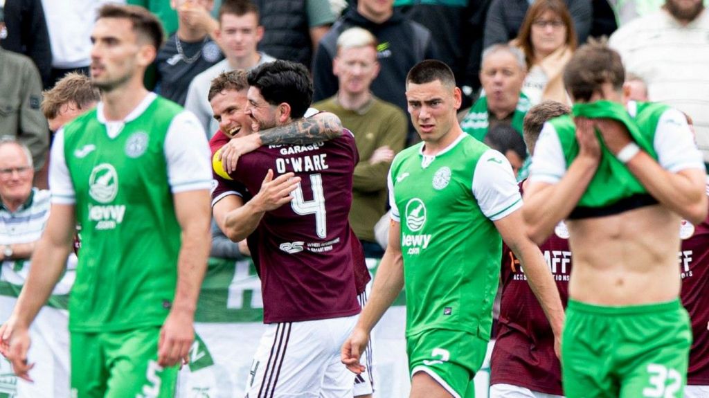 Kelty Hearts celebrate and Hibernian players look dejected