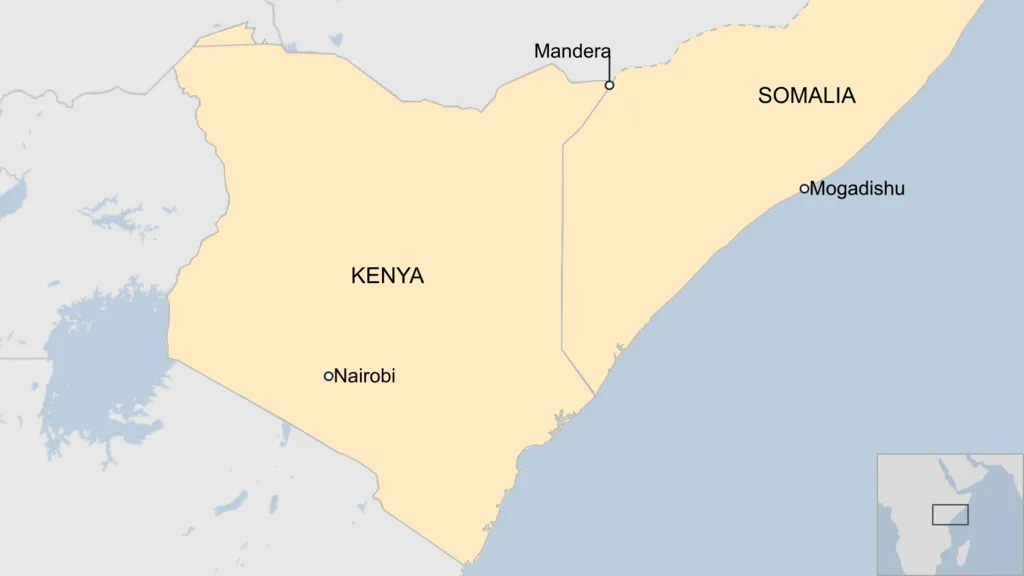 A map showing Kenya and Somalia, as well as the location of Mandera