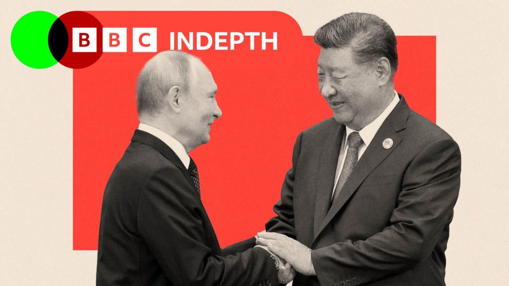 Putin and Xi greeting each other with a handshake, with a red background and the two leaders images in black and white
