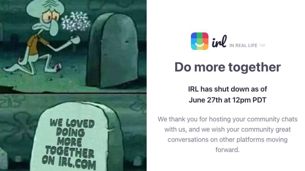 The website of IRL - featuring a charcater laying flowers on a grave as they are sad at the passing of the social media company