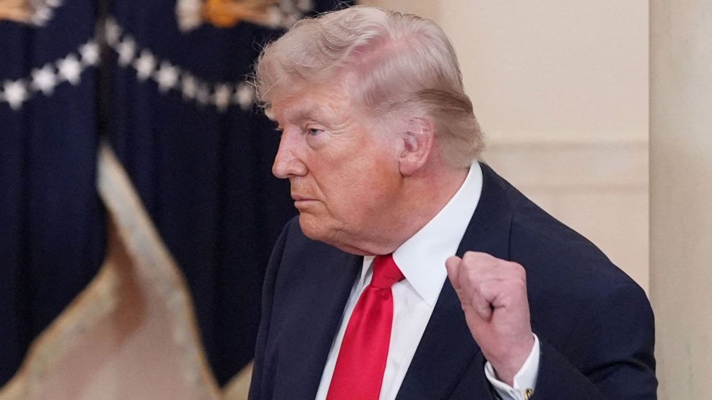President Donald Trump gestures after speaking about the Iran war from the Cross Hall of the White House on Wednesday, April 1, 2026, in Washington.