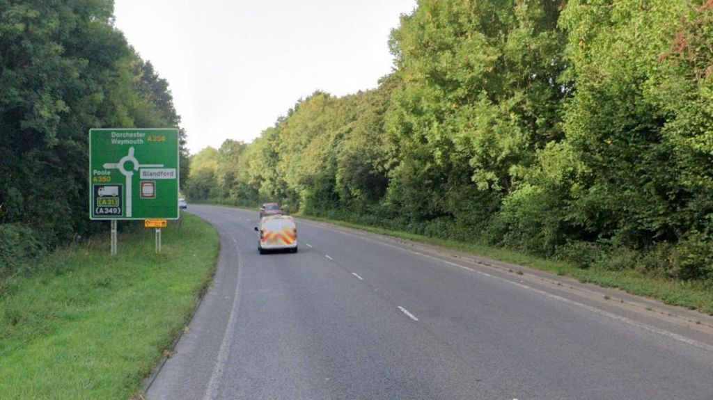 Google maps image of the A354 between the junction of Wimborne Road and the Badger roundabout.