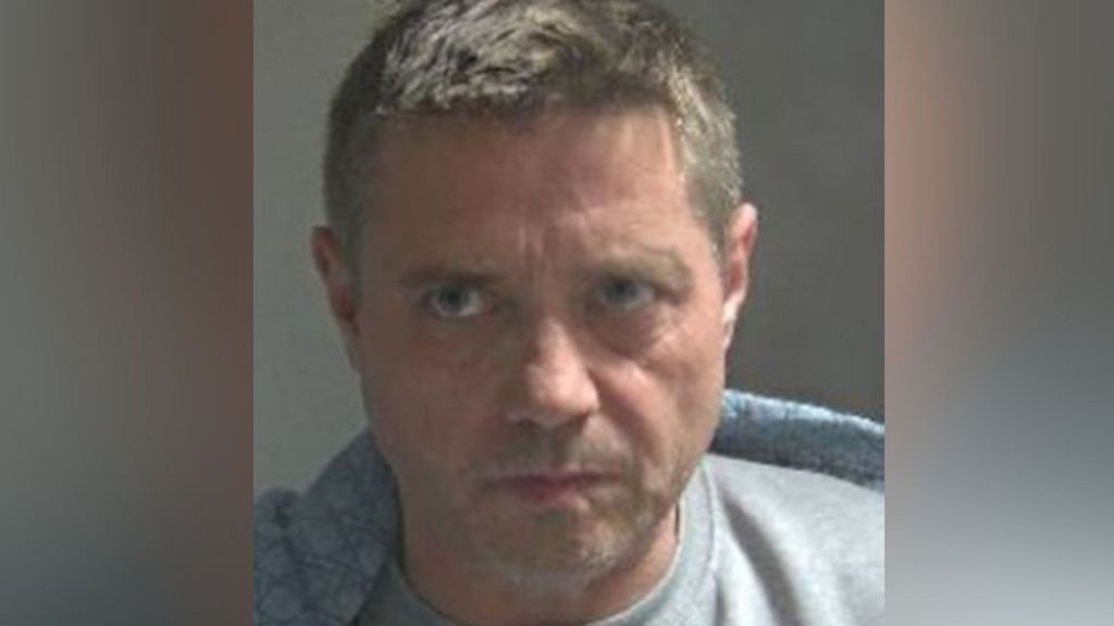A custody photo of John Alford wearing a grey T-shirt or jumper.