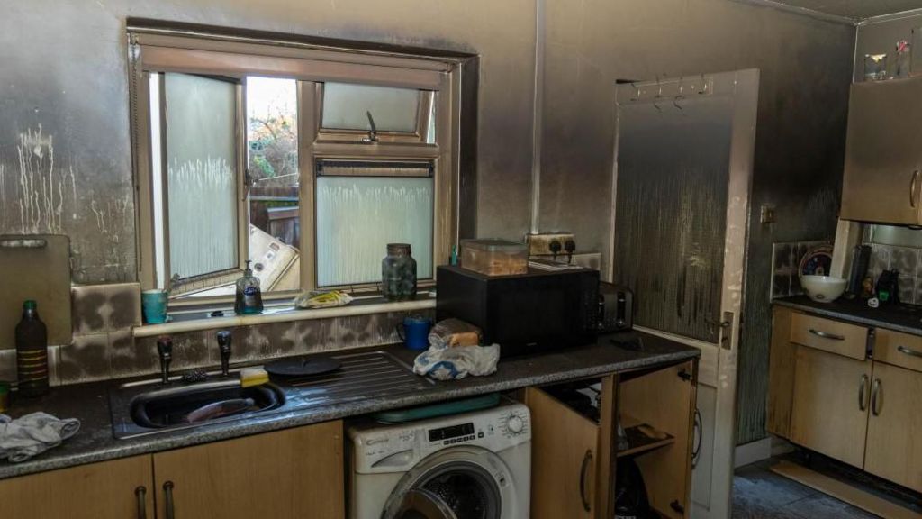 An alternative angle of Mr Burley's kitchen after the fire