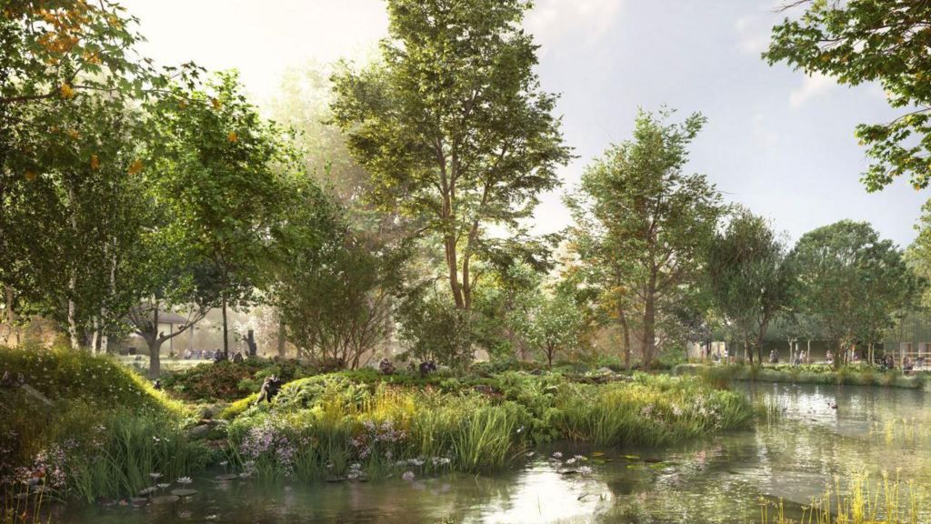 A CGI-generated image of a large green space with water and lots of plants, trees and rocks