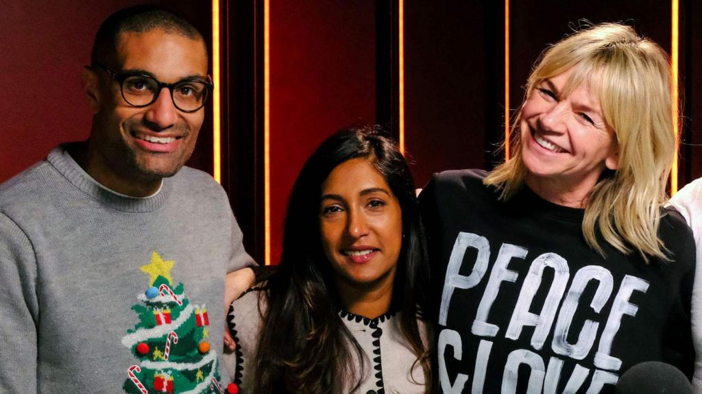 Richie Anderson, Tina Daheley and Zoe Ball hug during Zoe Ball's last Radio 2 Breakfast Show in December 2024