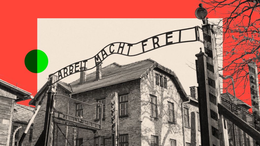 Exterior entrance of a concentration camp with trees and a sign