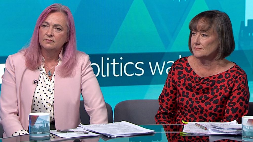 Liz Saville-Roberts in a polka dot top and pink blazer, and Jo Stevens sat beside her in red leopard print, both behind a desk with a mug each and papers in front of them