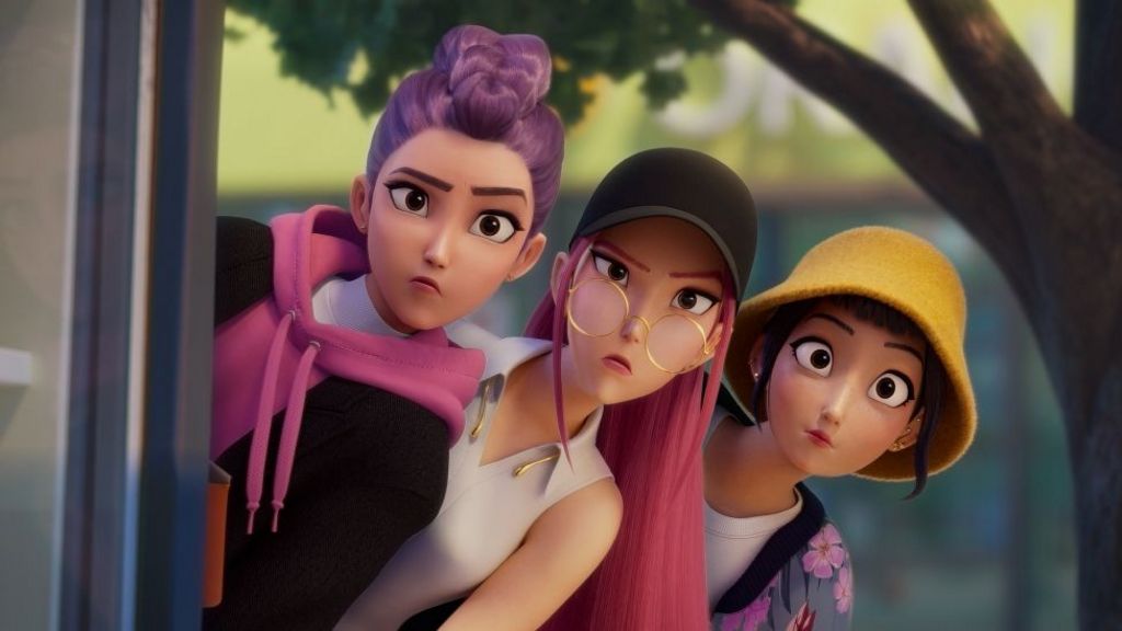 Rumi, Mira and Zoey peering around a corner in KPop Demon Hunters