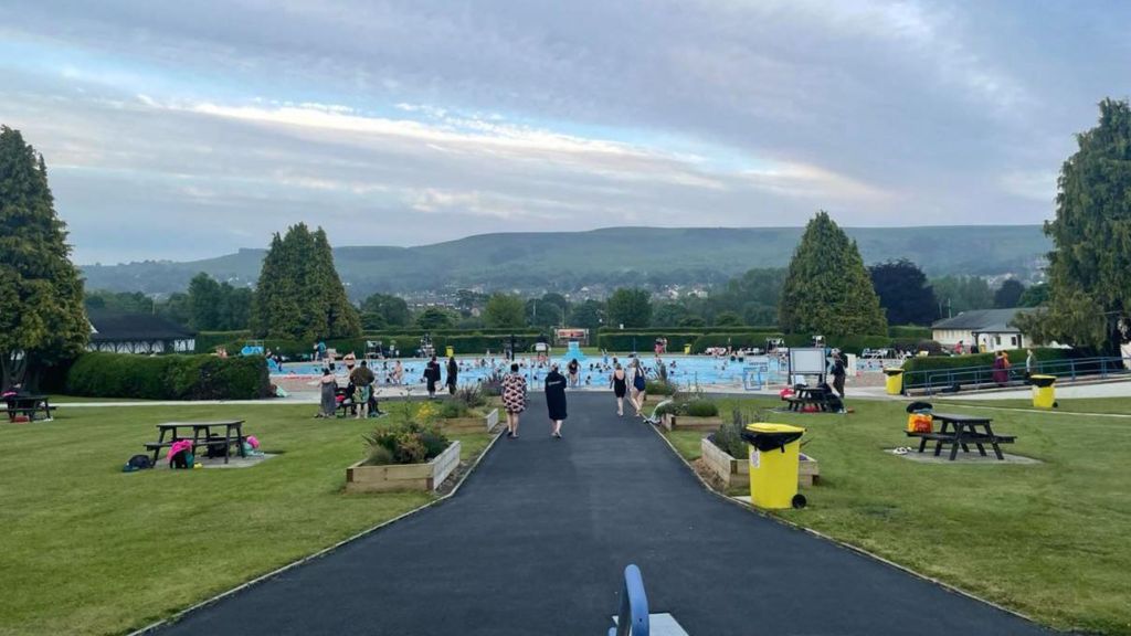 View of Ilkley Lido taken from the cafe, with many swimmers