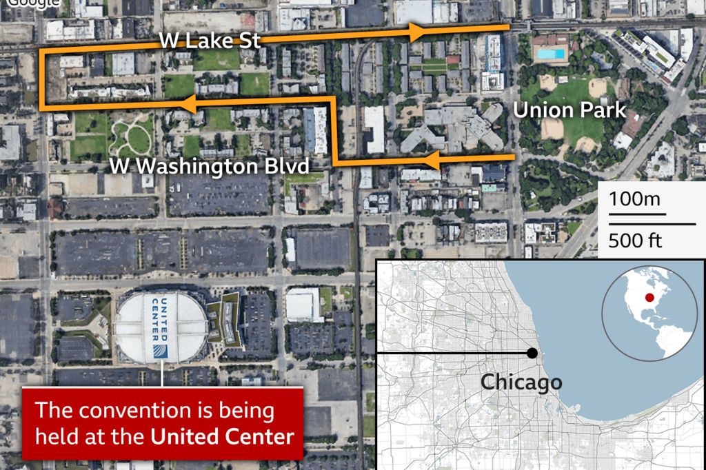 Map of the protests in Chicago at the DNC - plotting a planned march route starting and finishing at Union Park