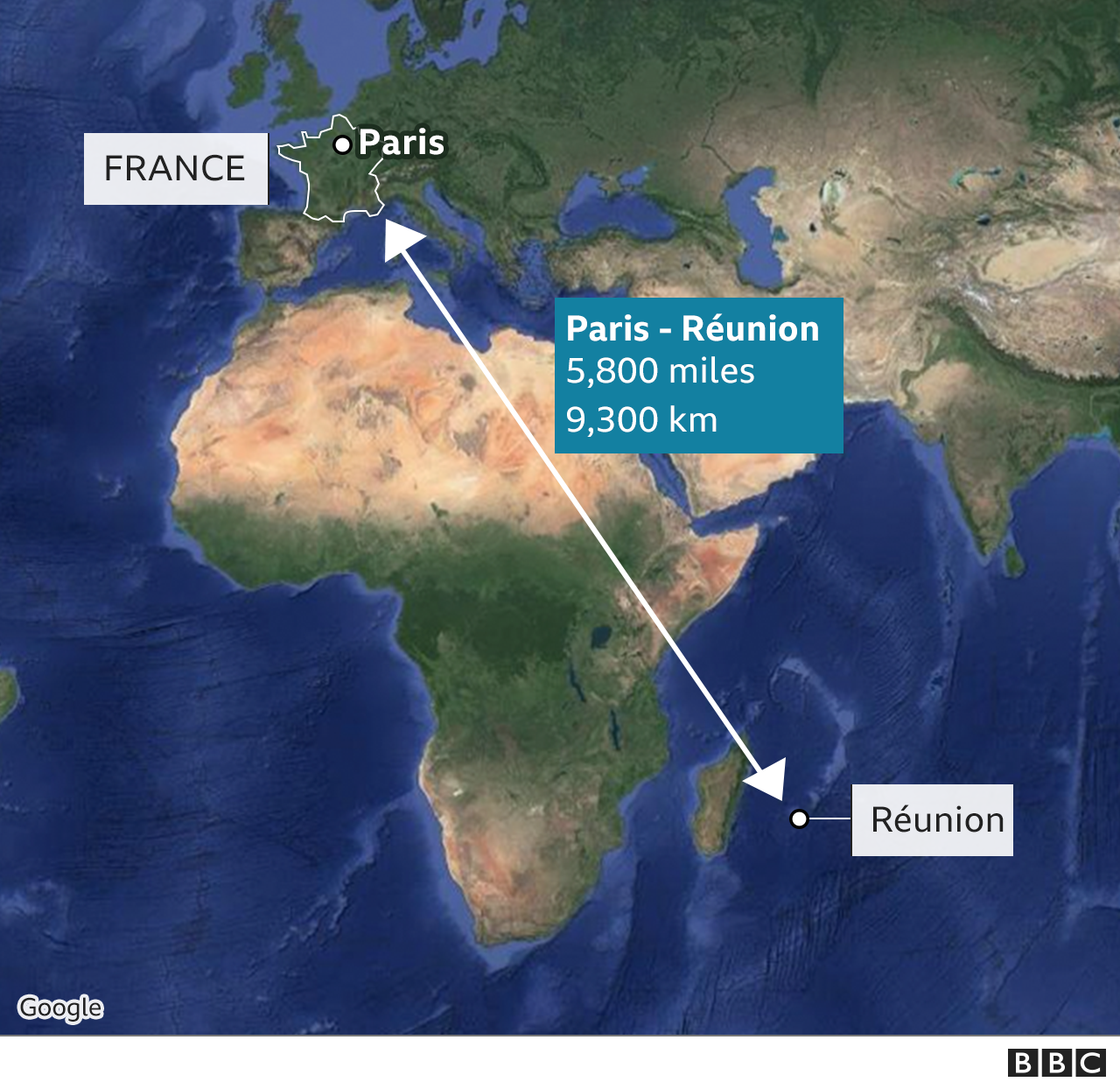Map showing distance from France to Reunion