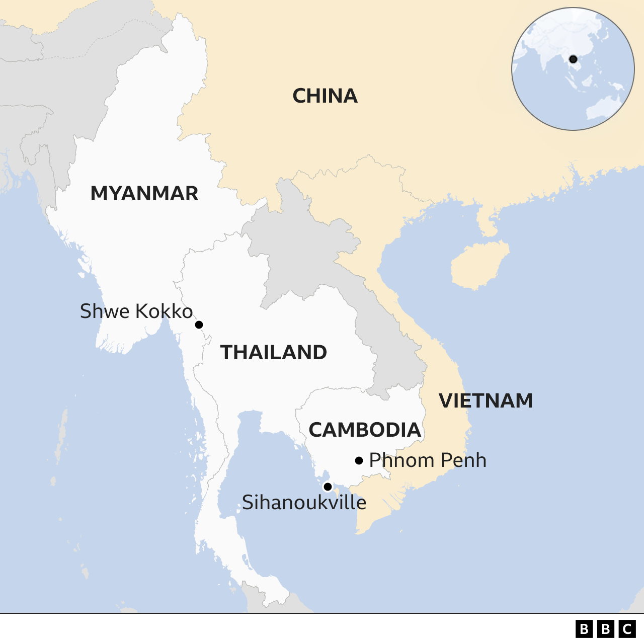 Map showing Shwe Kokko, Sihanoukville and Phnom Penh