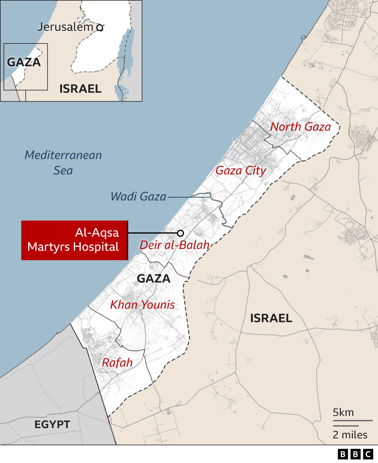 Map showing location of al-Aqsa hospital in middle Gaza