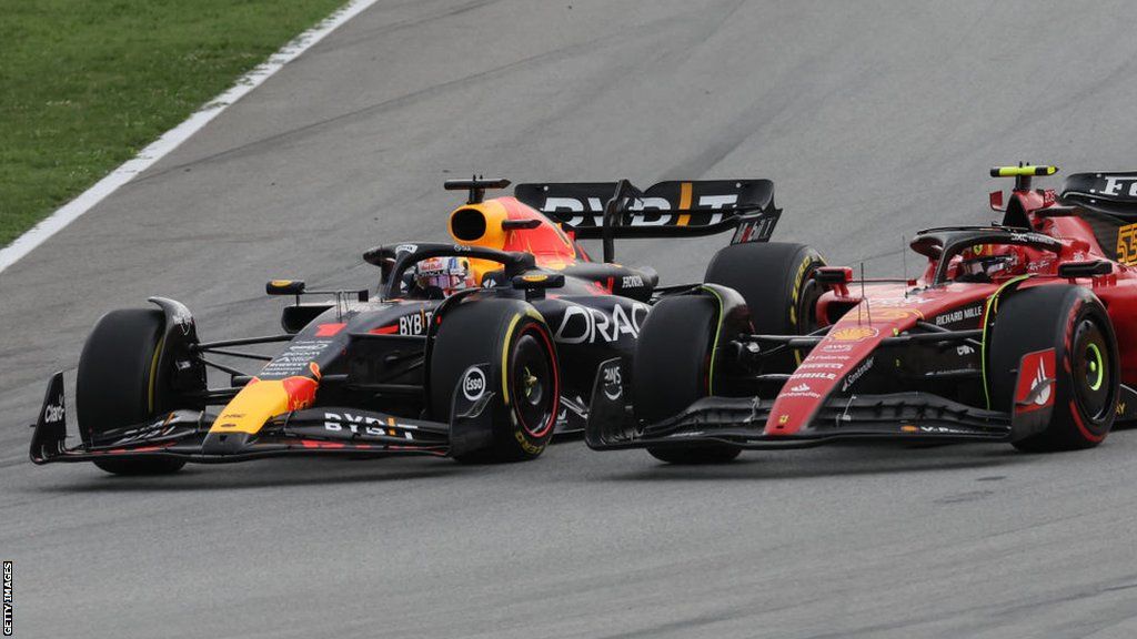 Max Verstappen and Carlos Sainz on track in Spain
