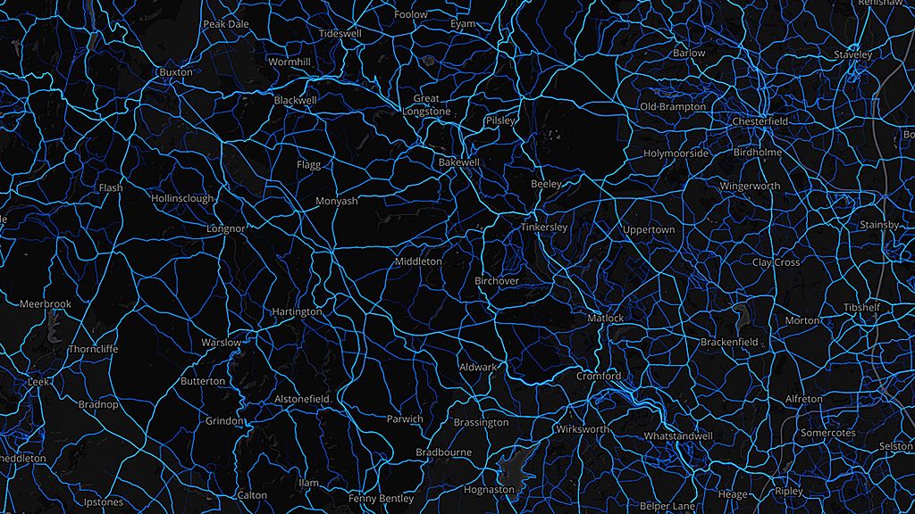 Derbyshire - cycling routes (by Strava users 2015)