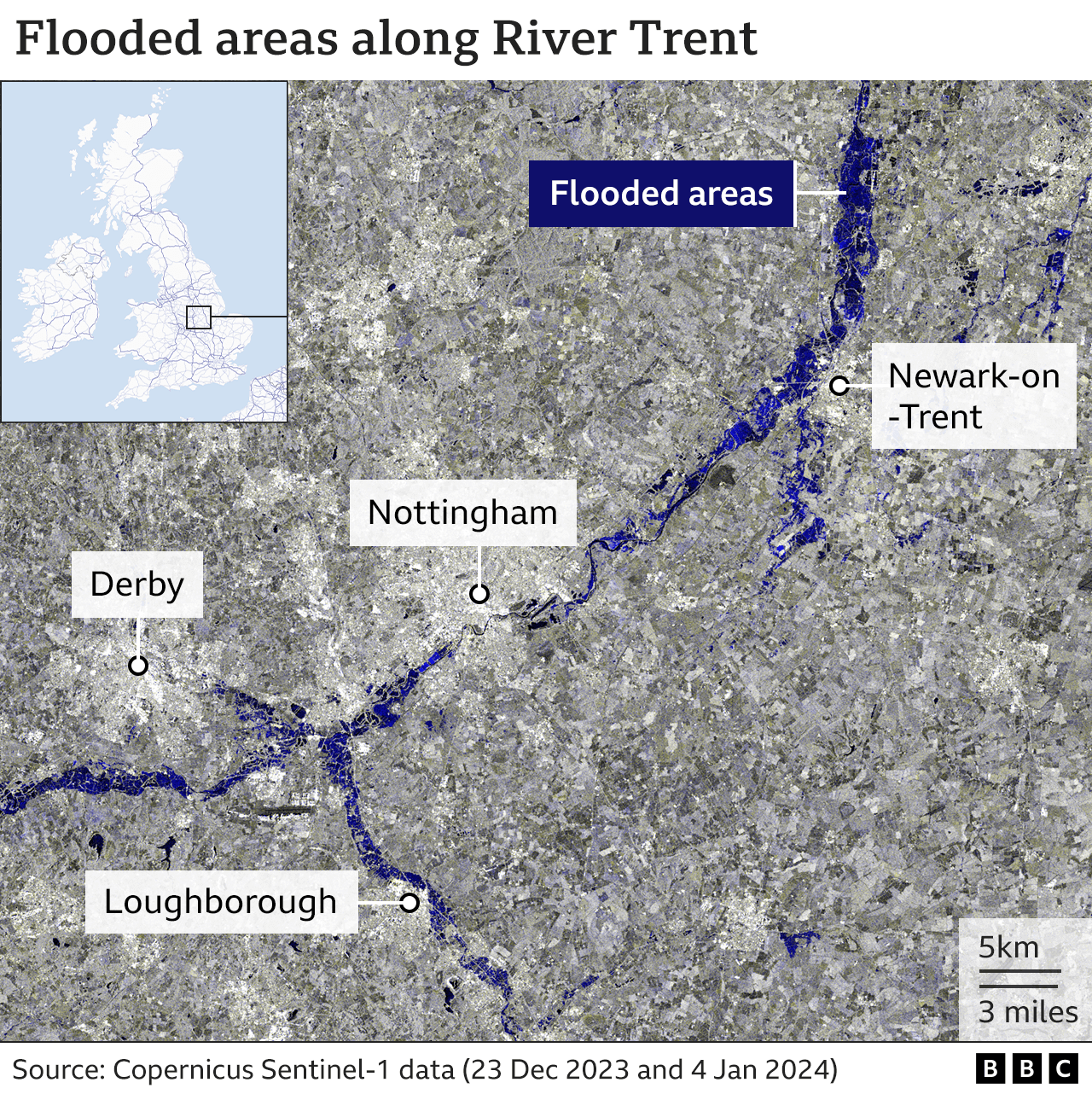 Map that shows extent of flooding along the Trent near Newark and Nottingham
