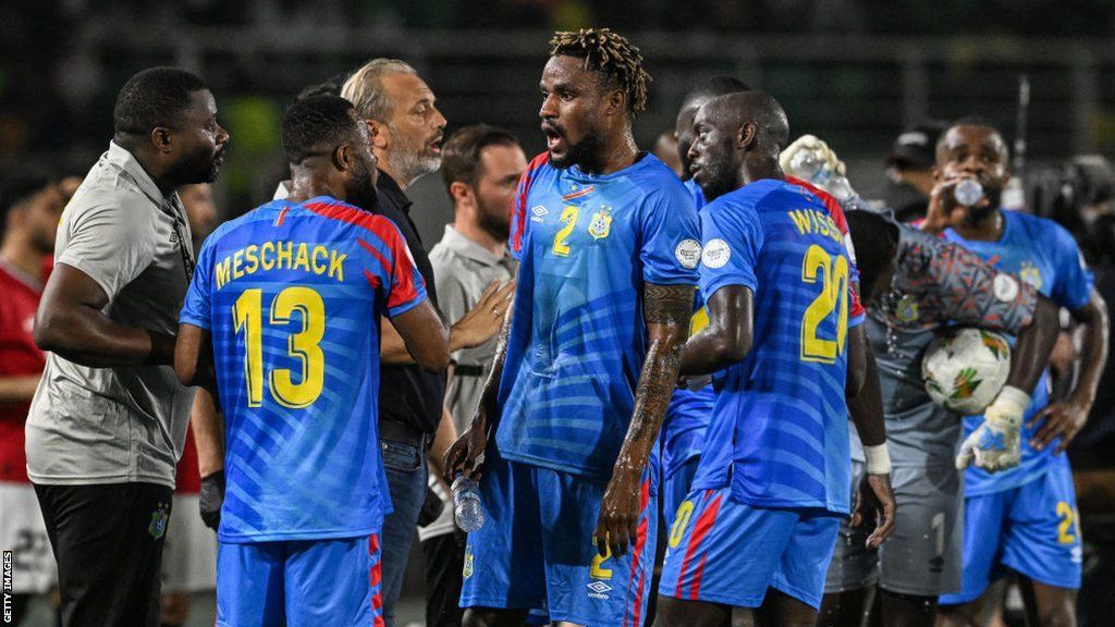 DR Congo players in discussion at Afcon 2023