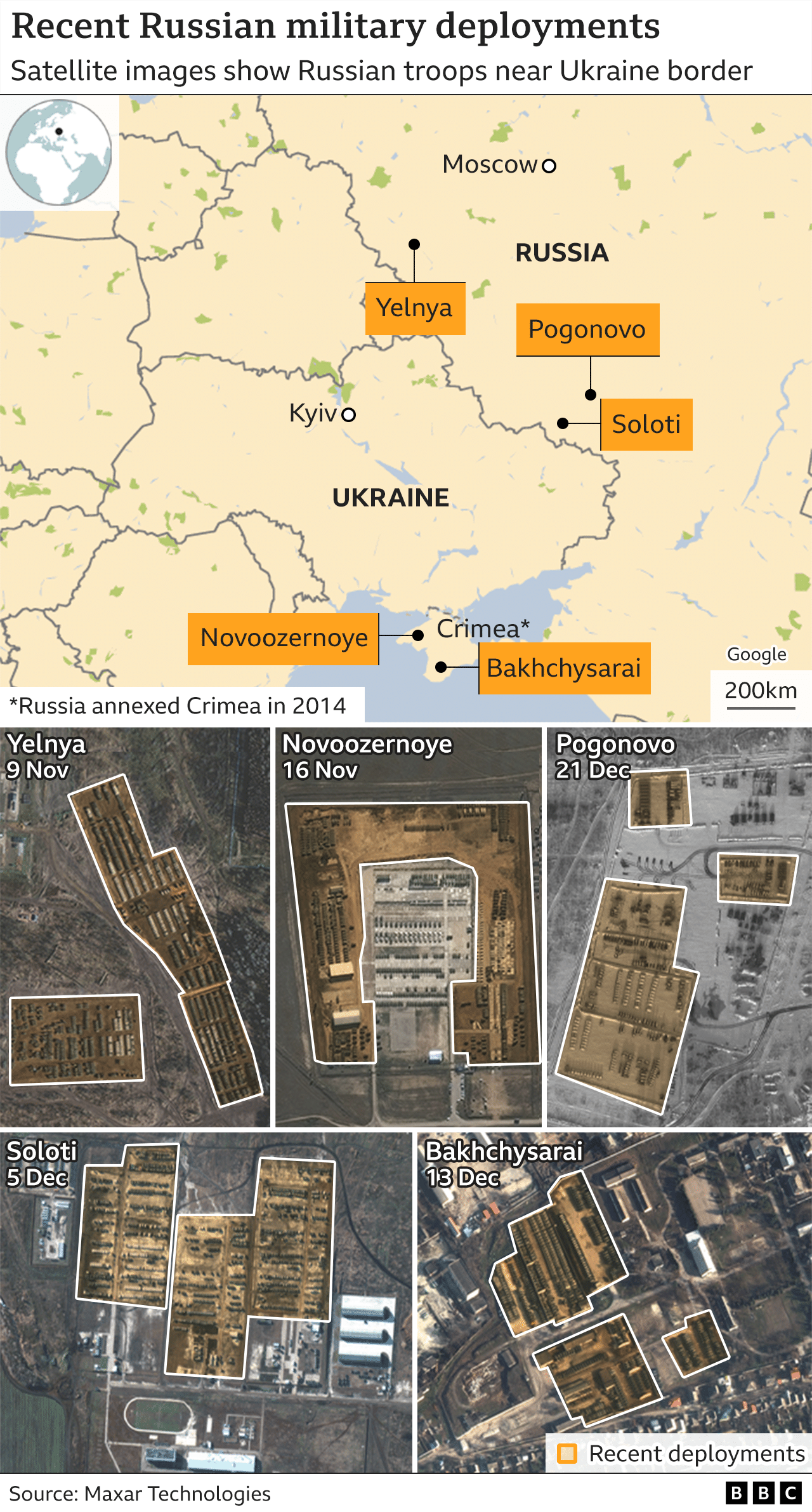 Kaart van Rusland en Oekraïne met satellietbeelde wat onlangse Russiese militêre ontplooiings naby die grens toon