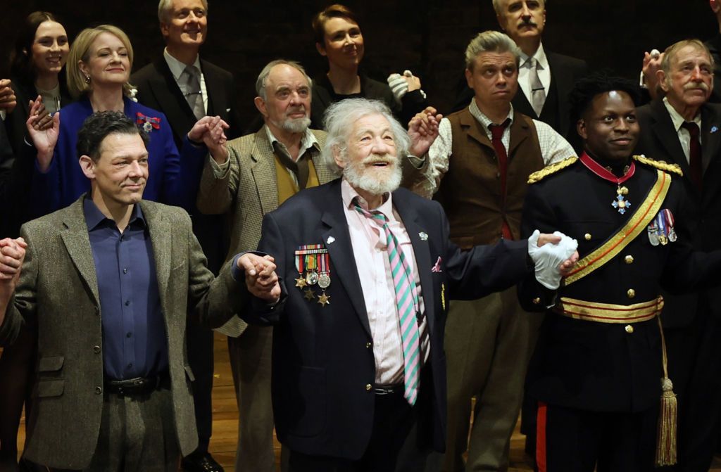 Sir Ian McKellen (centre with medals) at the press night performance of Players King in London on 11 April 2024