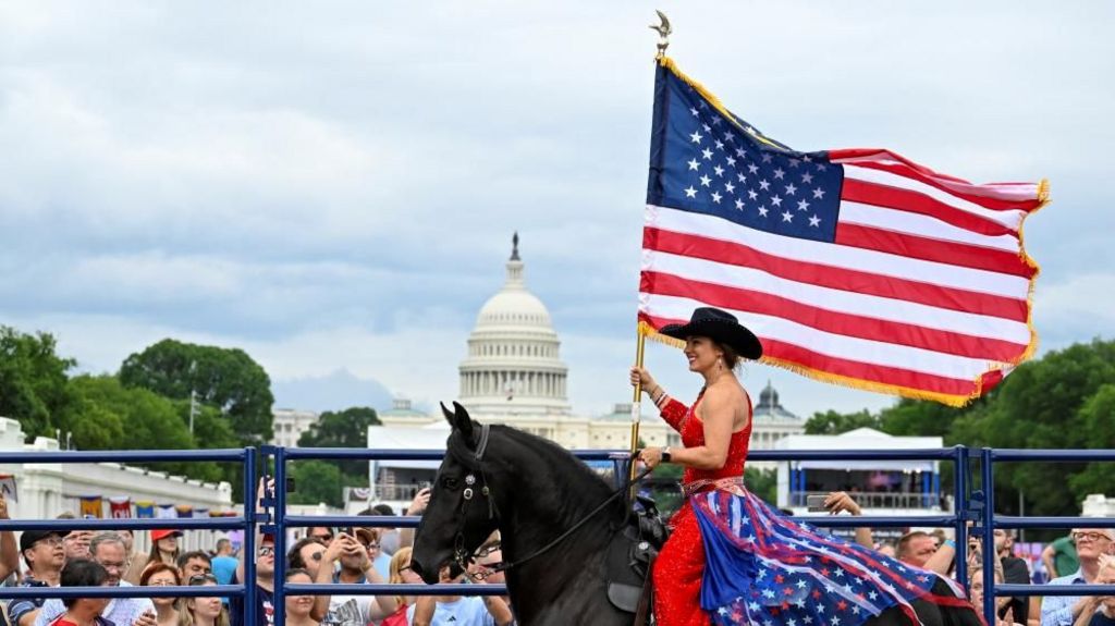 A performer rides a horse during a rodeo at The Great American State Fair on the National Mall