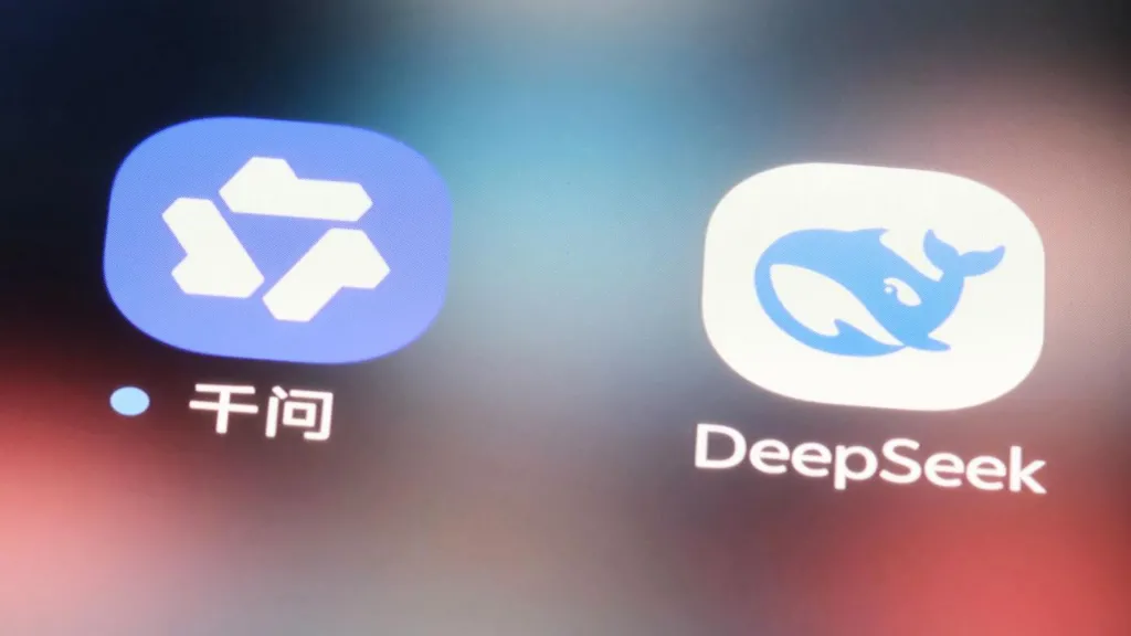 Three icons for AI apps. On the left is ChatGPT. In the middle is Qwen, written in two Chinese characters. On the right is DeepSeek.