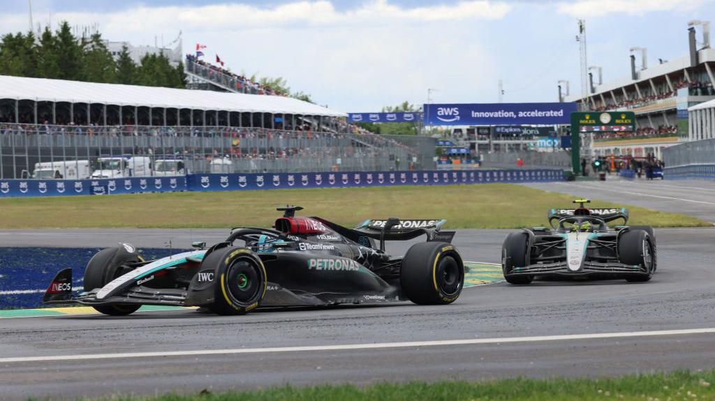 Mercedes' George Russell just ahead of team-mate Lewis Hamilton at the Canadian Grand Prix