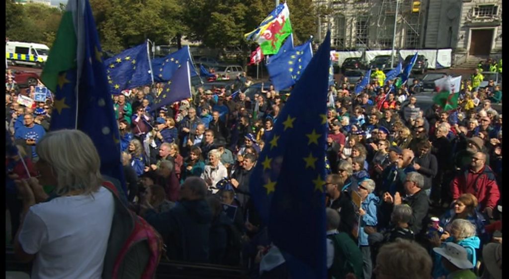 People waving EU flags in Cardiff Civic Centre