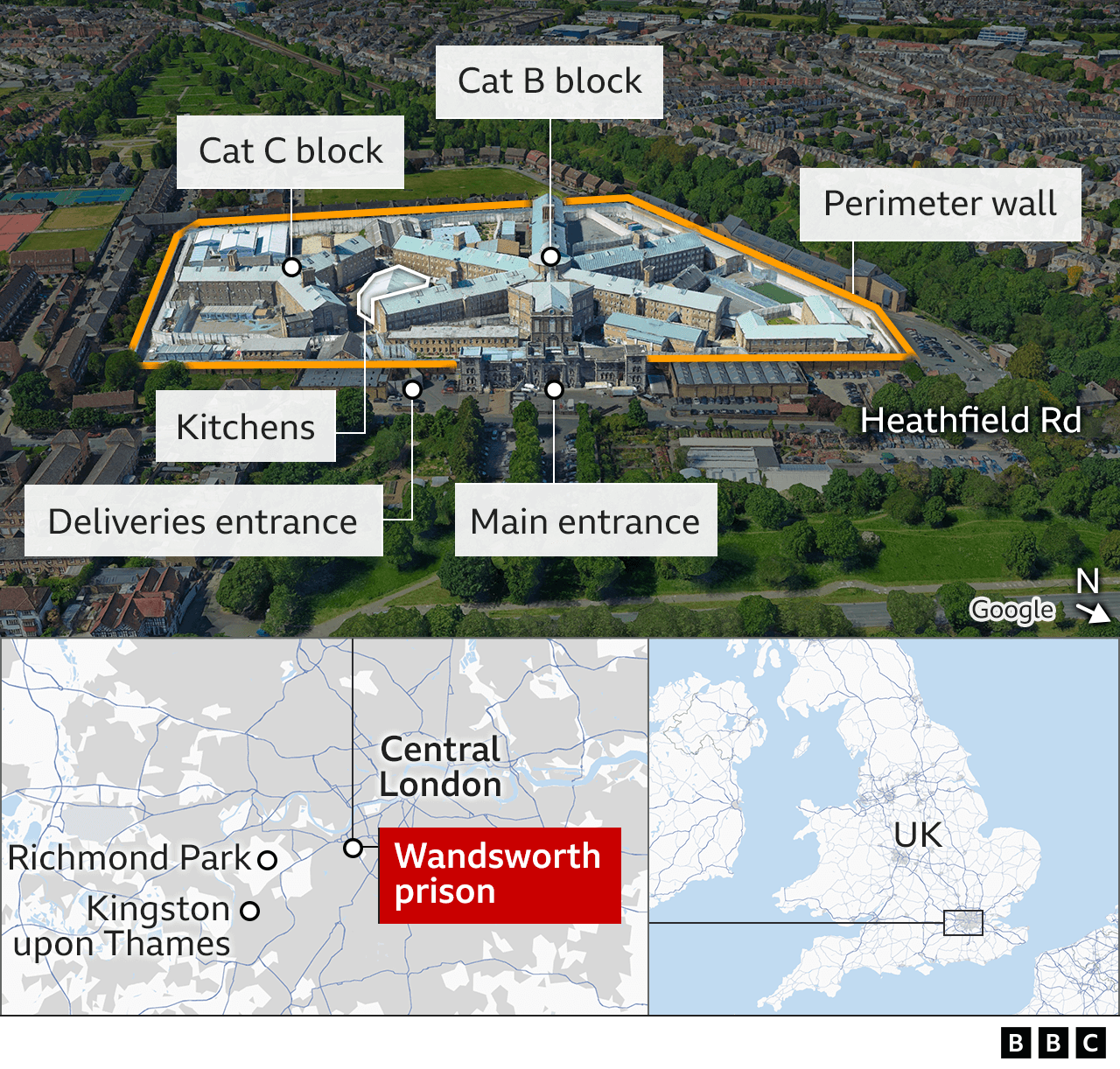 A map of HMP Wandsworth and a map showing the distance between the prison and Richmond Park and Kingston upon Thames