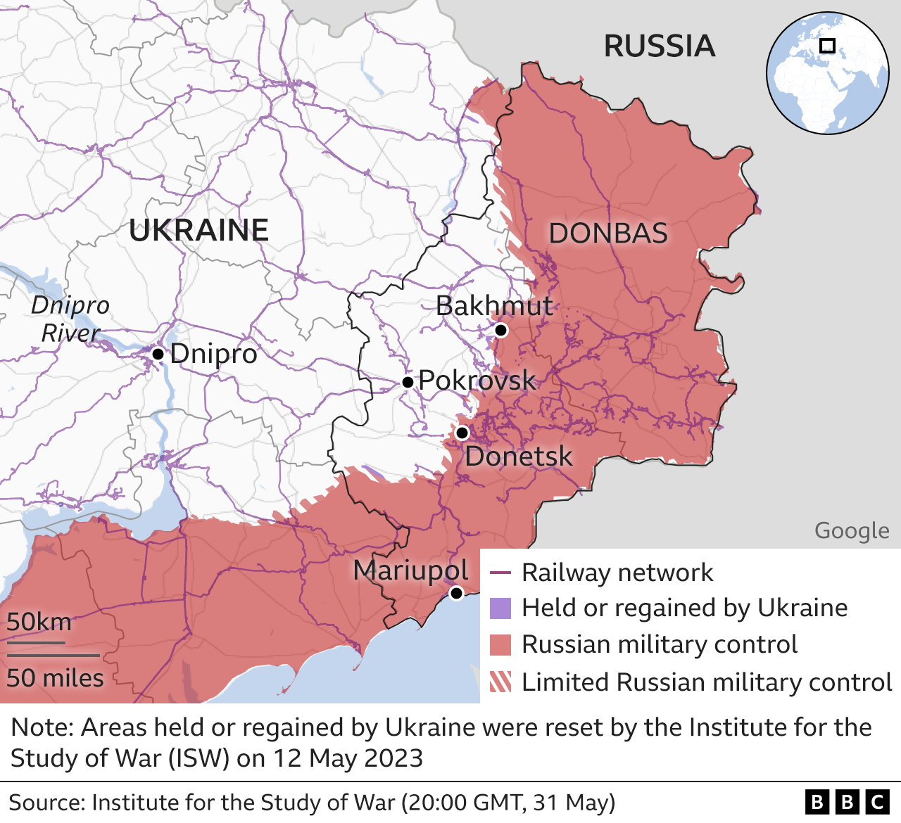 Un mapa del este de Ucrania que muestra Dnipro, Pokrovsk y la red ferroviaria