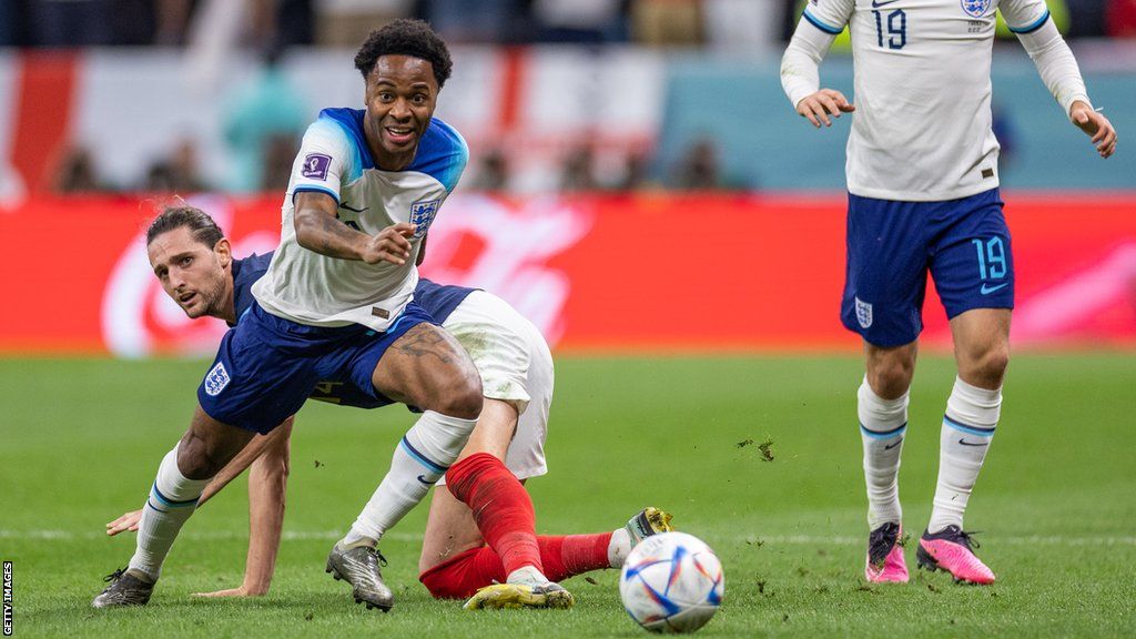 Raheem Sterling in action for England in the 2022 World Cup quarter-final against France
