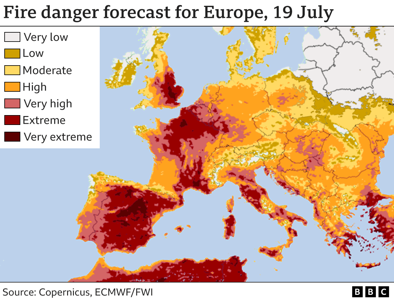 Карта, показывающая риск возникновения пожаров в Европе