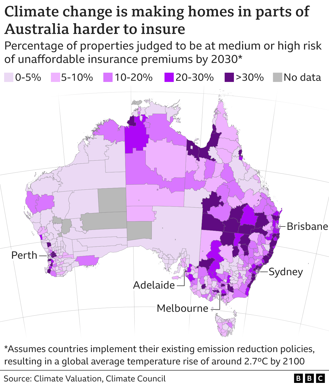A colour coded map showing the proportion of houses in each federal electorate that will be at medium or high risk of becoming uninsurable by 2030