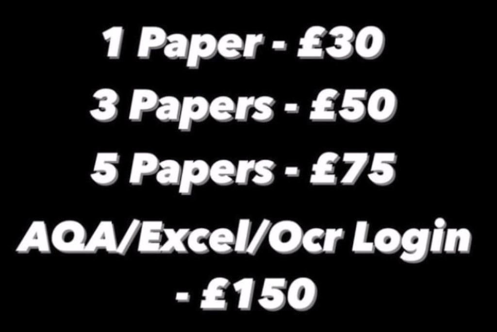 A screenshot of an Instagram account claiming to sell leaked exams. It is selling one paper for £30, three papers for £50, five papers for £75 and login details for £150.