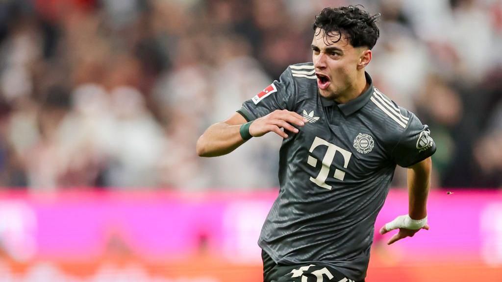 Aleksandar Pavlovic celebrates scoring for Bayern Munich