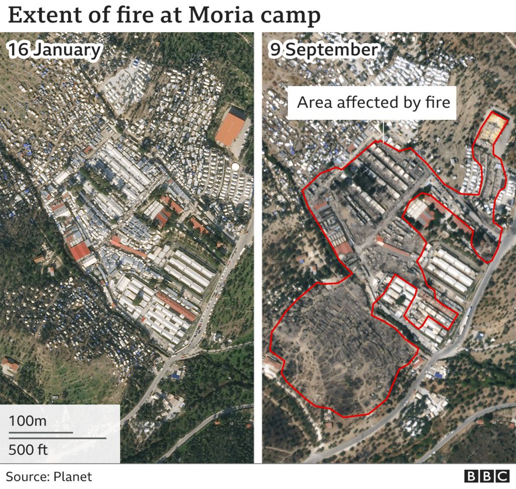Map showing extent of the fire at the Moria camp