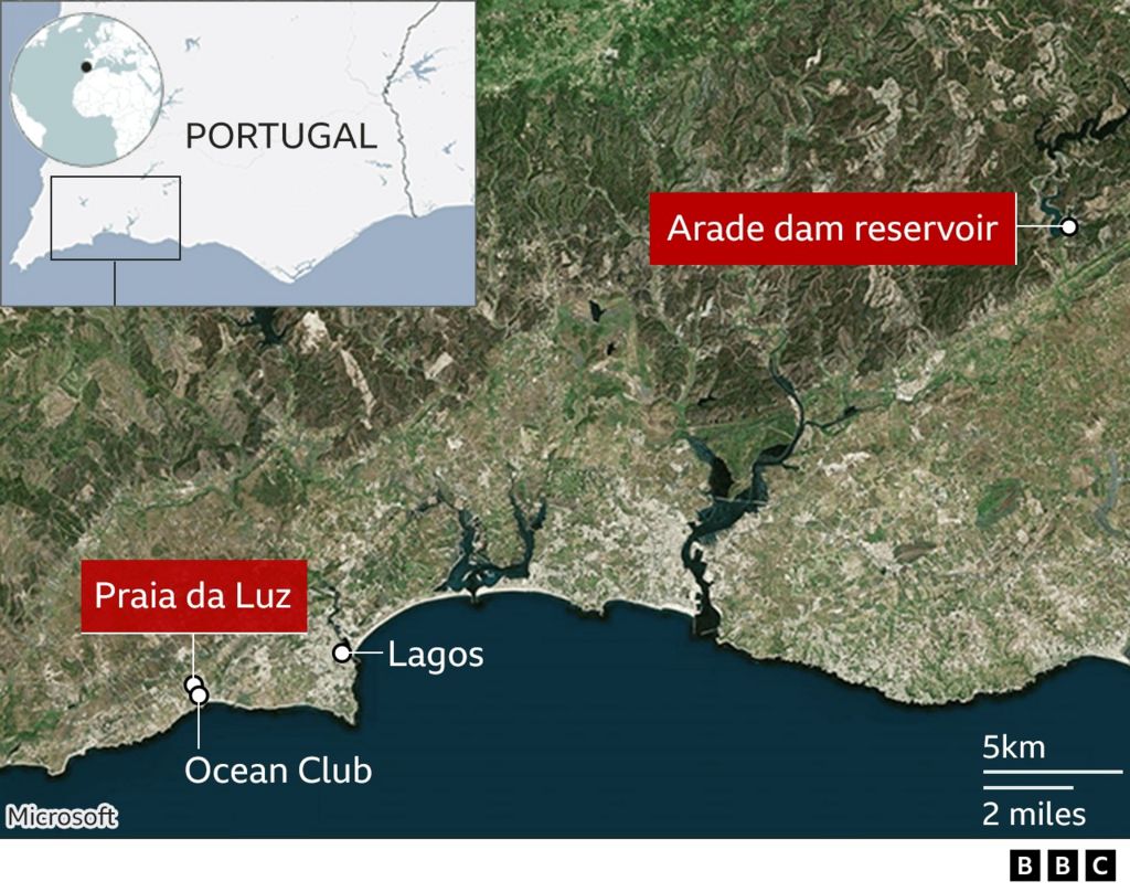 Map showing southern Portugal and location of Praia du Luz in relation to the Arade dam reservoir