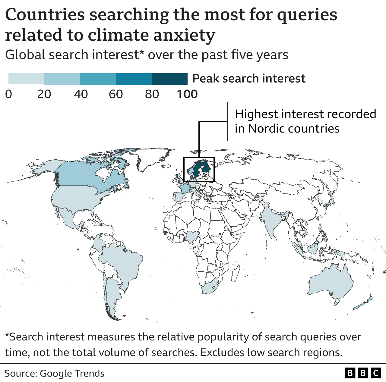 Map showing the different countries searching the most for queries related to climate anxiety