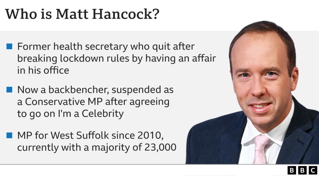 Matt Hancock: Ex-health secretary who quit after breaking lockdown rules by having as affair in his office; a backbencher, suspended as a Tory MP for going on I'm a Celebrity; MP for West Suffolk since 2010 with a 23,000 majority