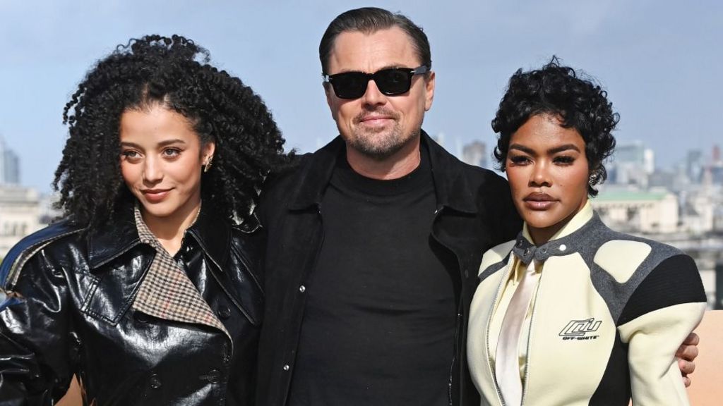 Chase Infiniti, Leonardo DiCaprio and Teyana Taylor attend the London Photocall for "One Battle After Another" on September 15, 2025 in London, England