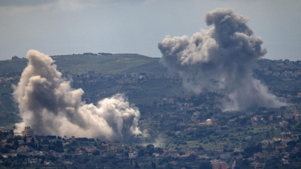 Smoke rises following explosions in southern Lebanon, near the Israel-Lebanon border, as seen from northern Israel (28 April 2026)