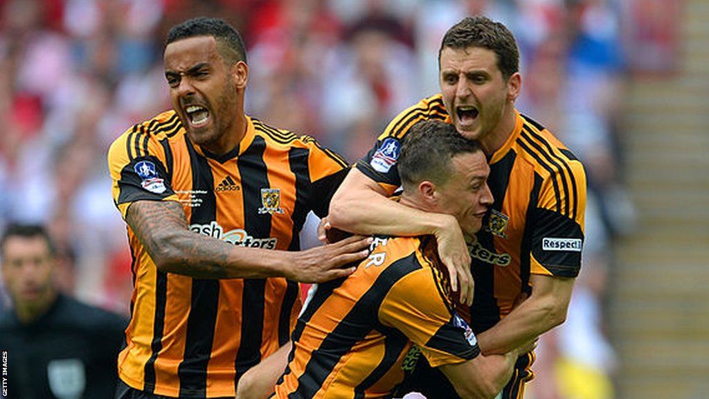 James Chester celebrates scoring for Hull City in FA Cup final with Tom Huddlestone and Alex Bruce