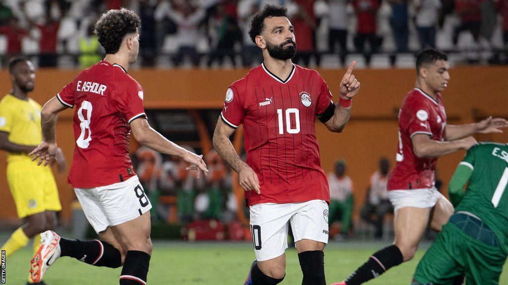 Mohamed Salah playing football for Egypt against Mozambique at Afcon 2023