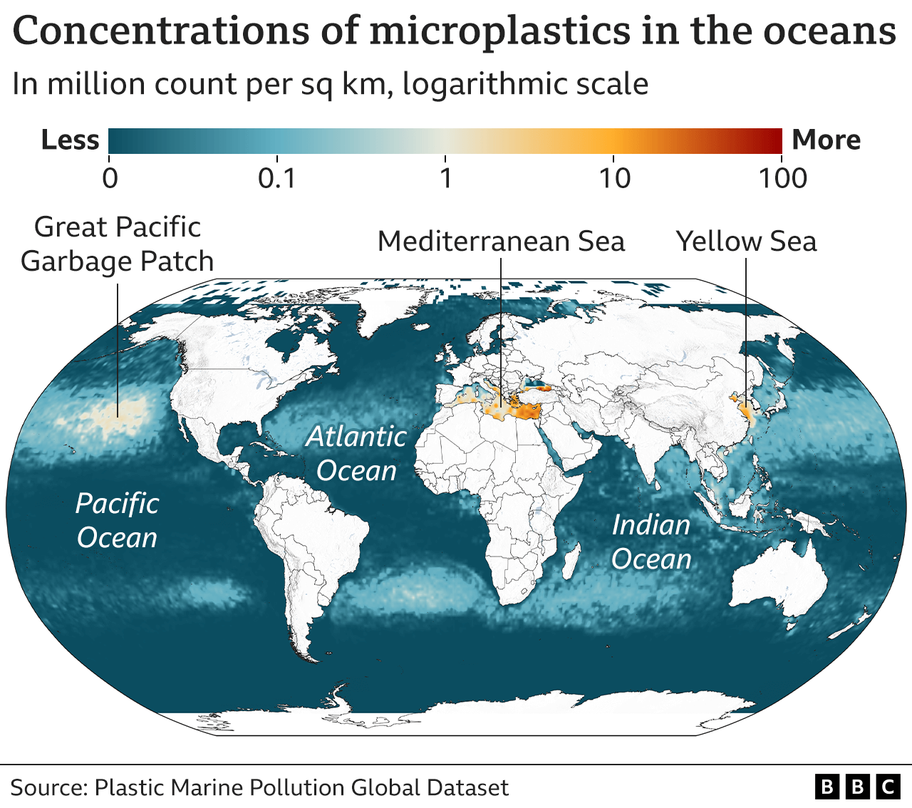 Map showing concentrations of microplastics in the oceans, with ther Mediterranean Sea, the Yellow sea and the Pacific Ocean highlighted as having particularly high concentrations